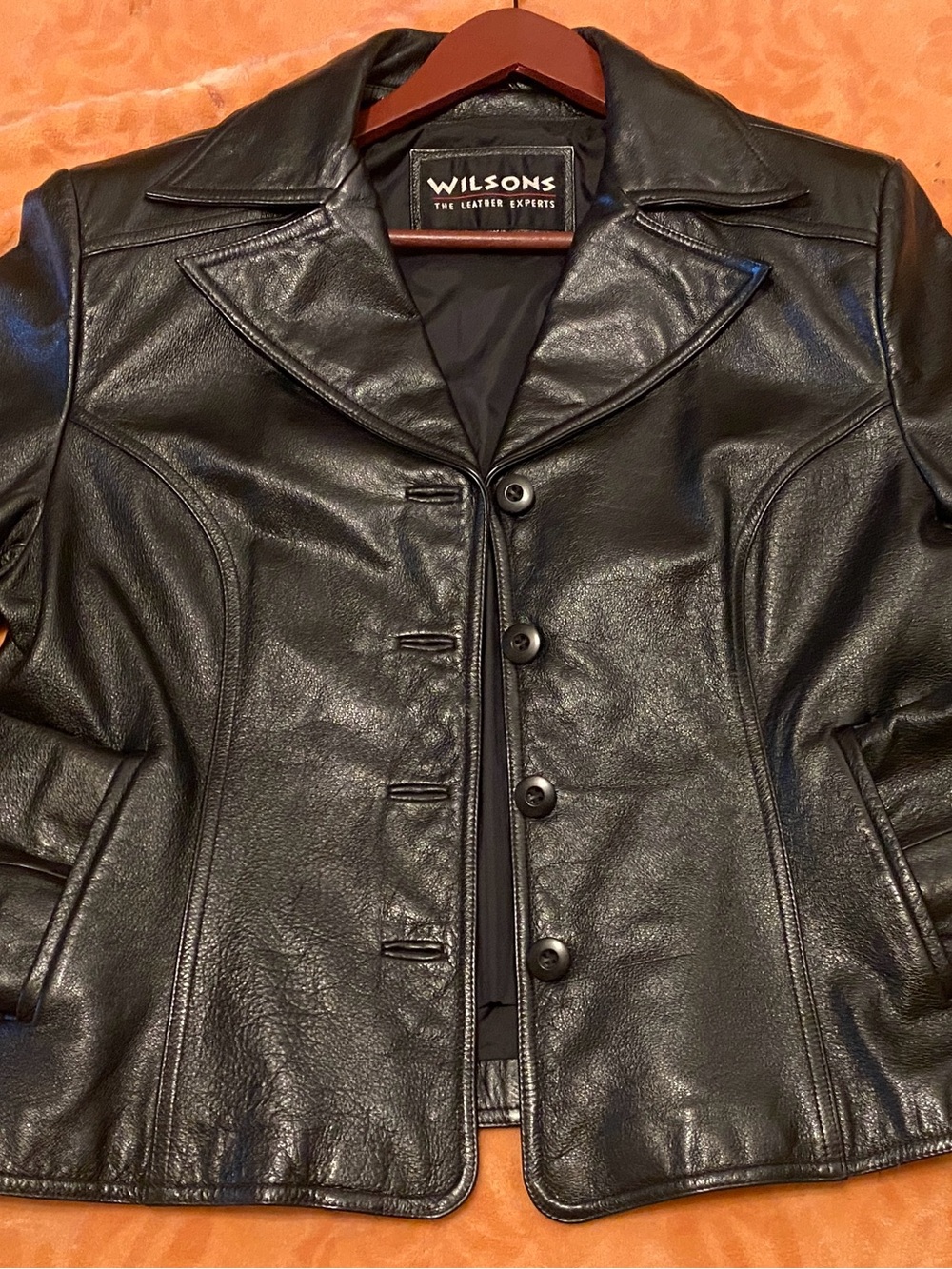 Vintage 90s Wilson Black Leather Blazer Jacket Button Front Tailored Coat Sz XL